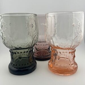 Set of 3 Helianthus Goblets Black Grey Peach Purple Sunflower Glass Cups Retired